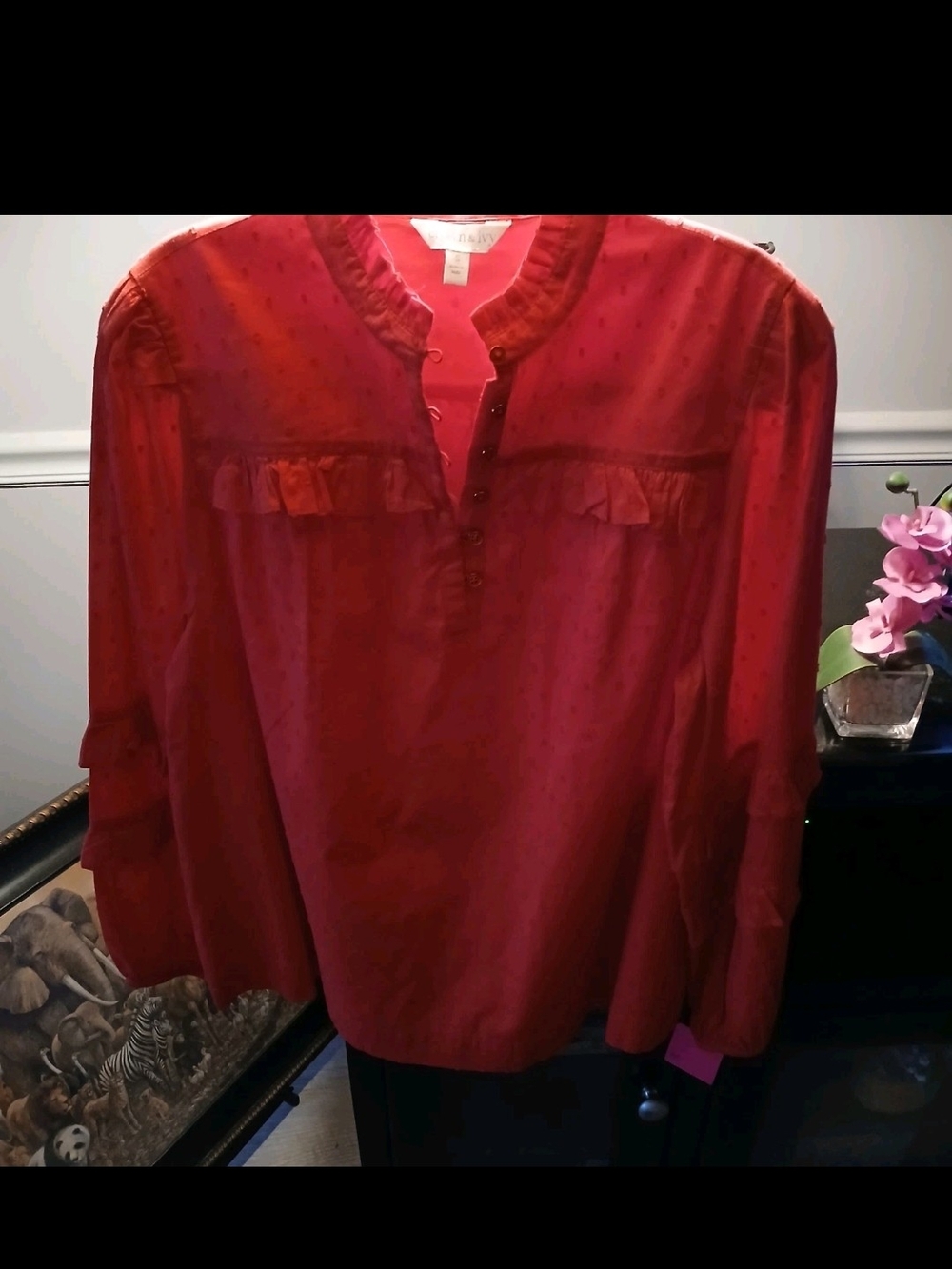 Crown & Ivy Red Ruffle-Front Top Button Blouse With Ruffle Neck And Sleeves - Picture 14 of 16